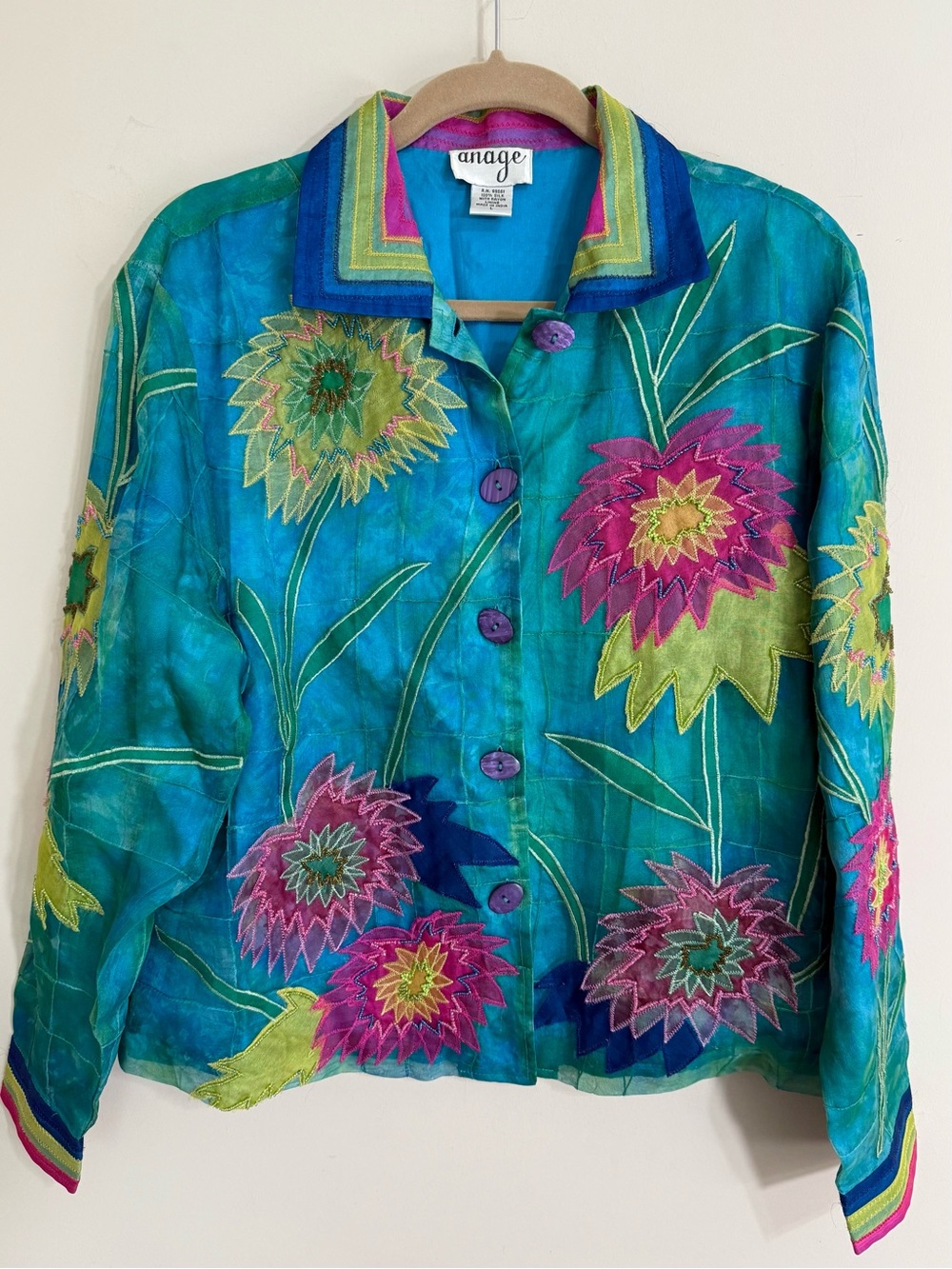 VINTAGE ANAGE Womens Silk Beaded Floral Appliqué Jacket L Wearable Art Lagenlook